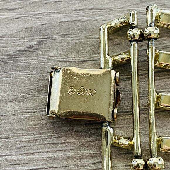CORO Vintage Gold Tone Wide Link Bracelet Retro Geometric Panel Signed 7” Bold - Picture 3 of 8